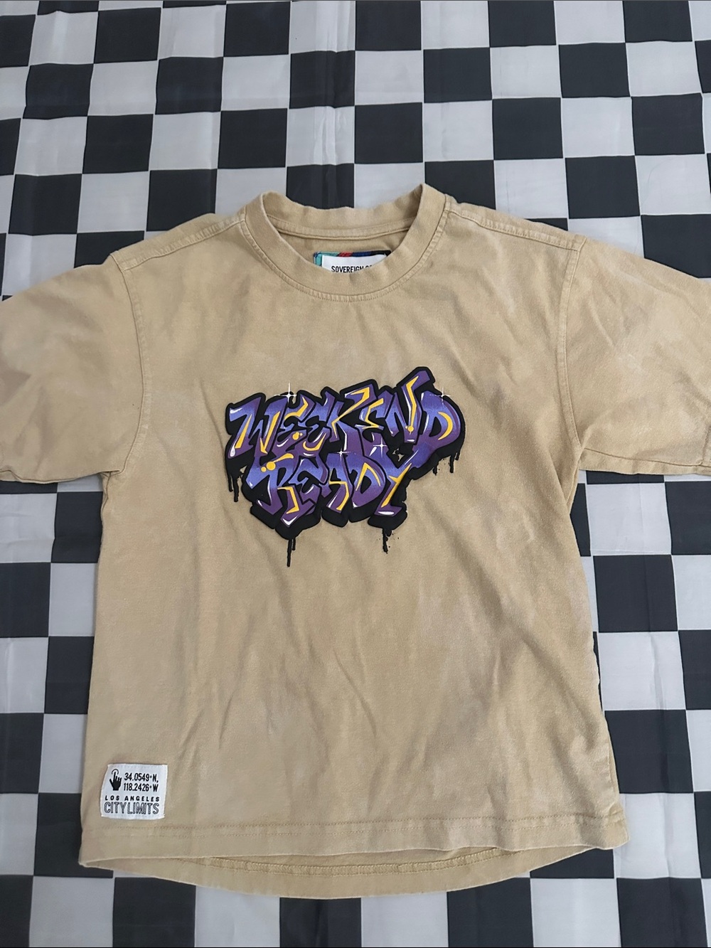 Sovereign Code Boys LIKE NEW Beige Tee with Purple & Yellow Graffiti Print 7-8